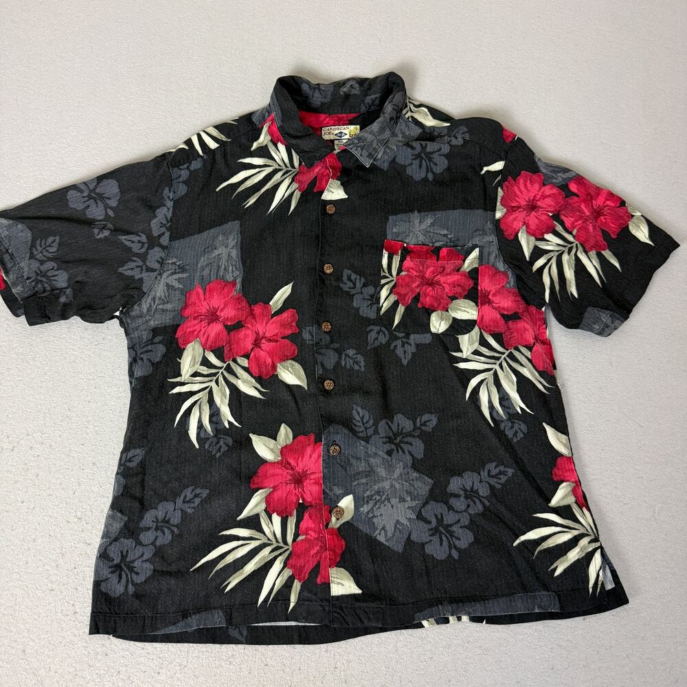 Caribbean Joe Let Go XXL Rayon Hawaiian Shirt Black Red Floral Aloha Button Up